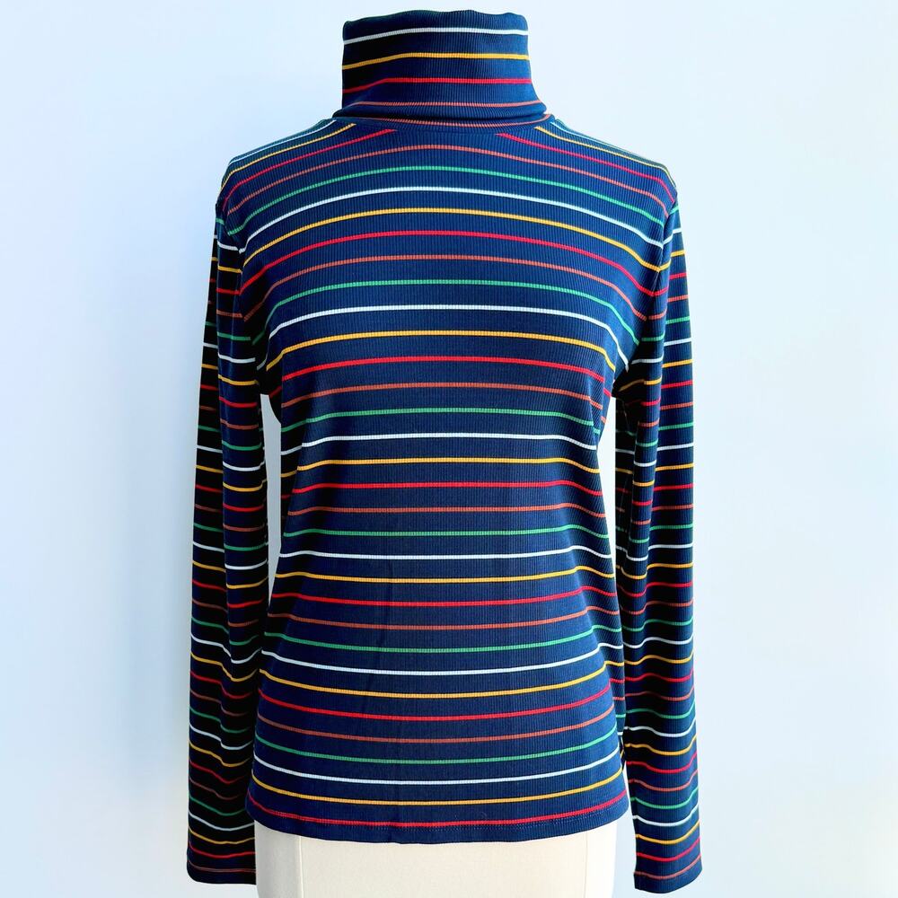 La Ligne Target Navy Rainbow Stripe Ribbed Turtleneck Top Size L